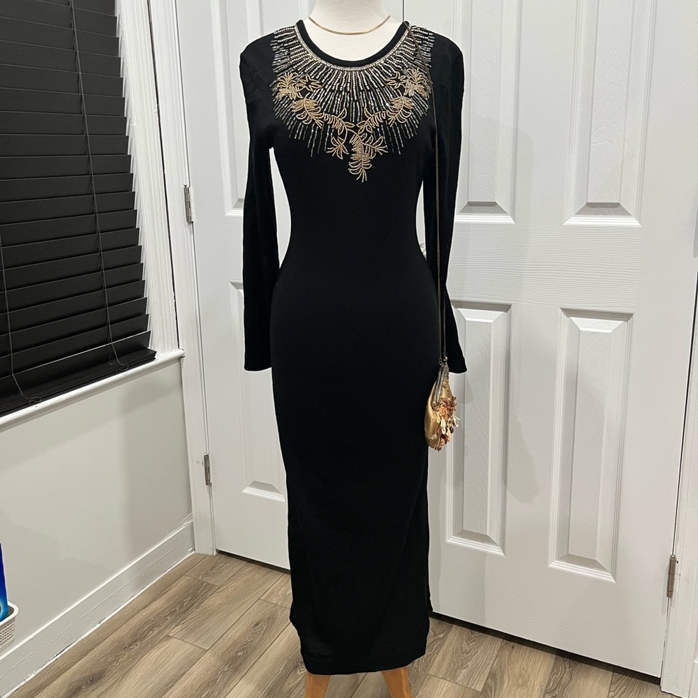 80s Vintage Black Beaded Long sleeve dress with Low Back